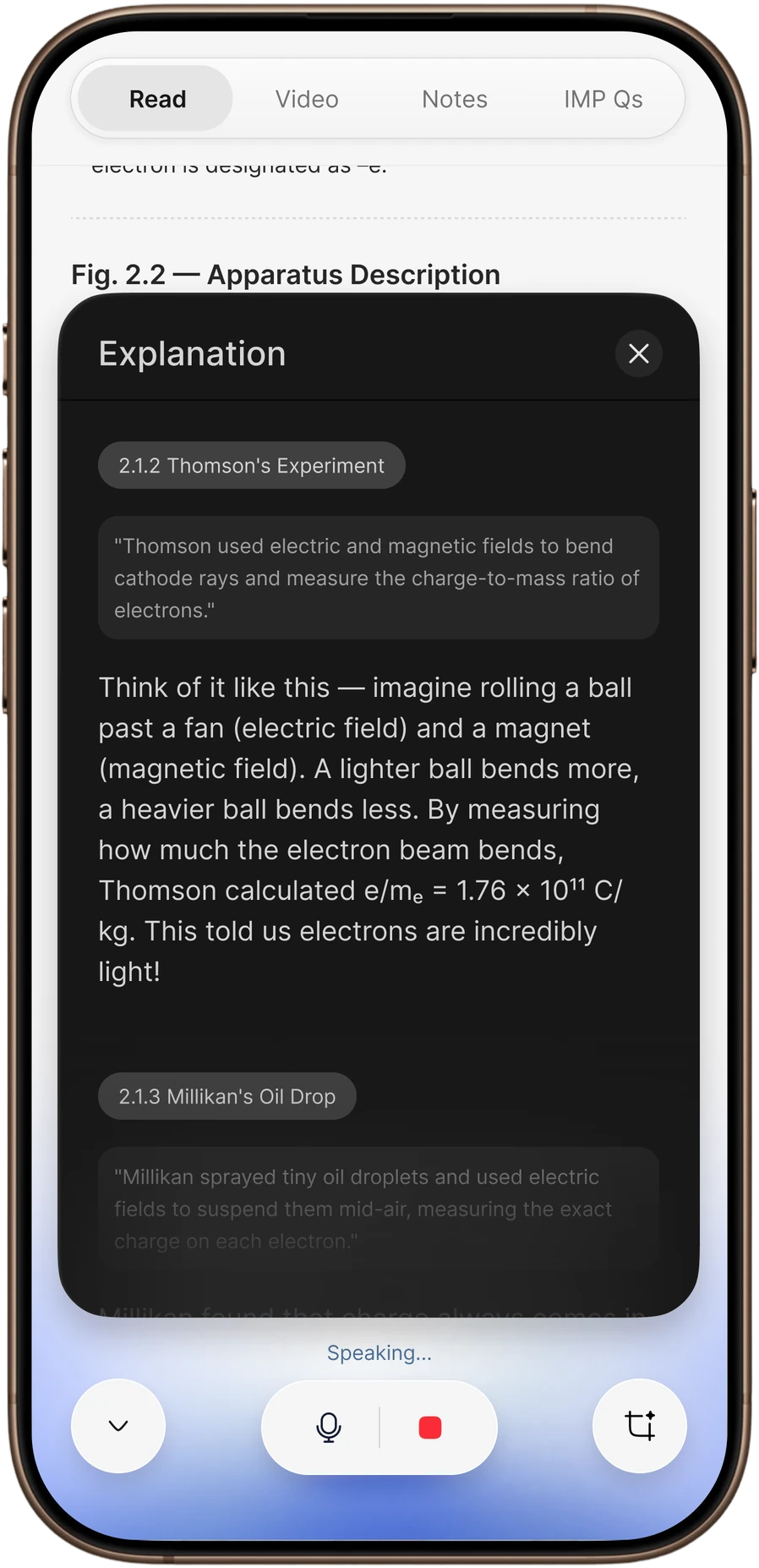 ProLearn's voice tutor explaining Thomson's experiment in plain language over the reading view.