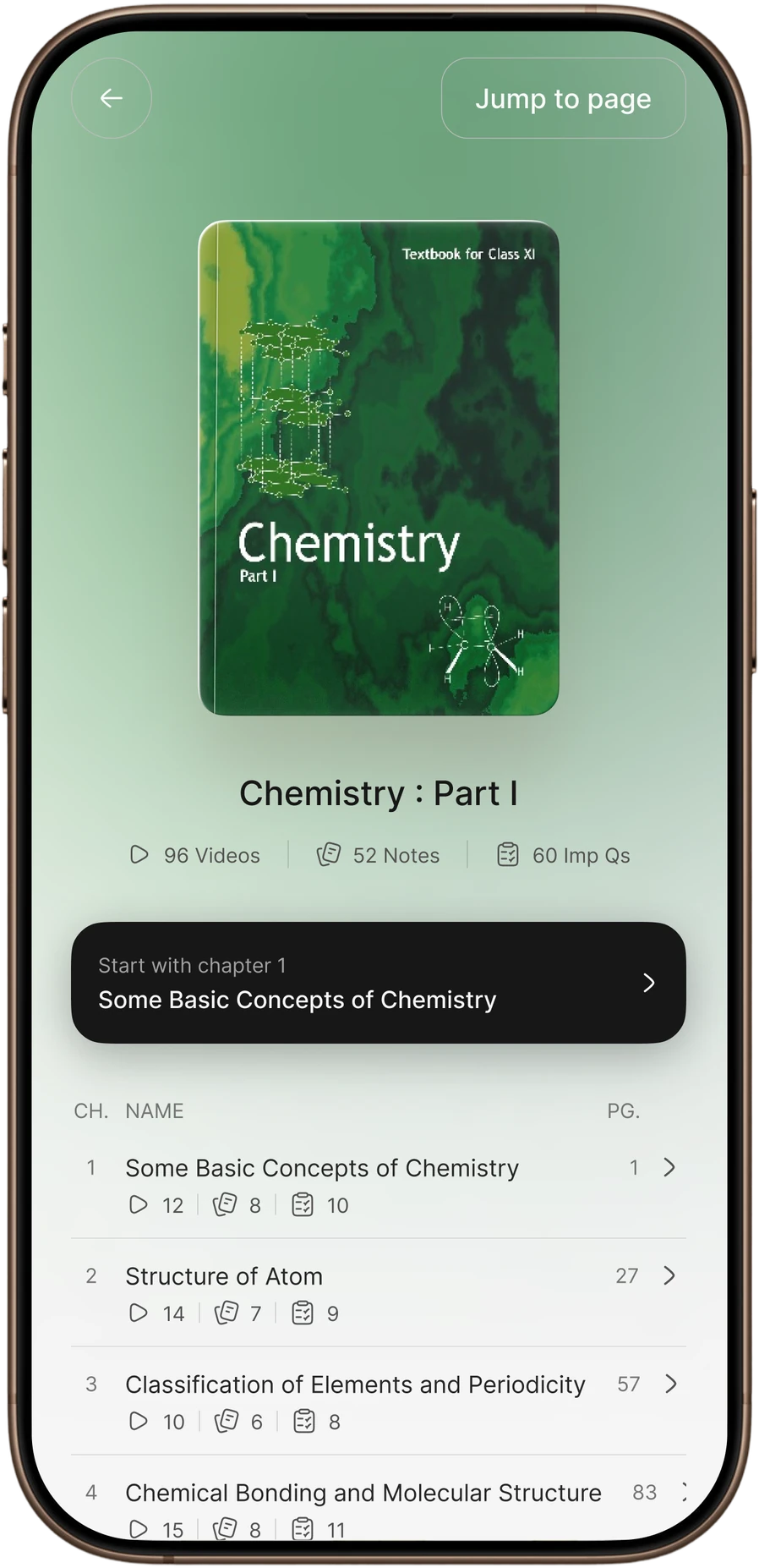 The Chemistry Part I textbook open in ProLearn, listing each chapter with its video, note and question counts.