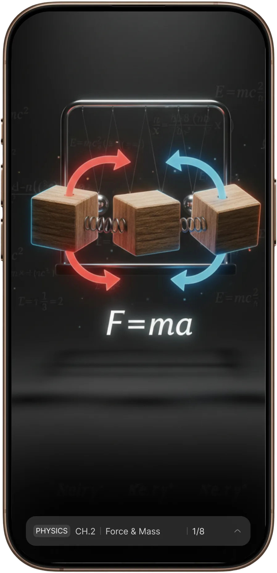 A ProLearn video working through force and mass, with blocks and springs animated around the equation F = ma.