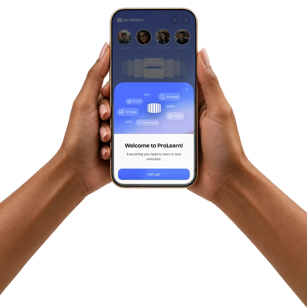 Two hands holding a phone showing the ProLearn welcome screen.