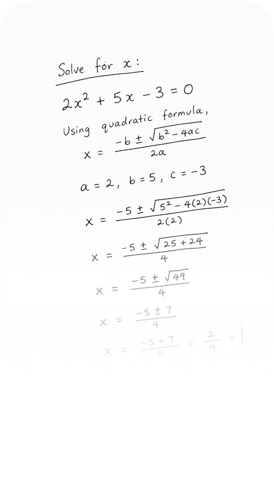 Quadratic equation worked through in a notebook